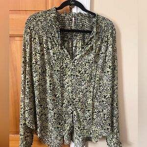 Free People Black and Green floral print blouse